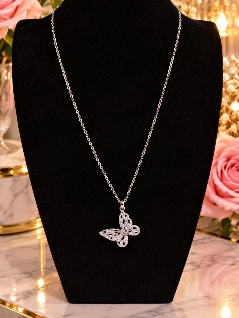 Silver Butterfly Pendant Necklace - Elegant Women's Jewelry